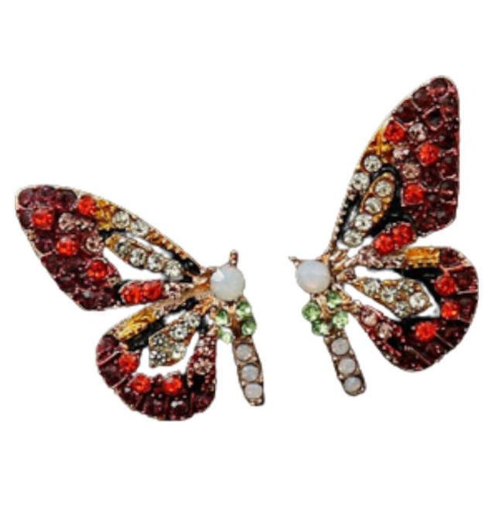 Colorful Sparkling Rhinestone Pave BUTTERFLY Earrings NEW Red Pink Pierced Stud